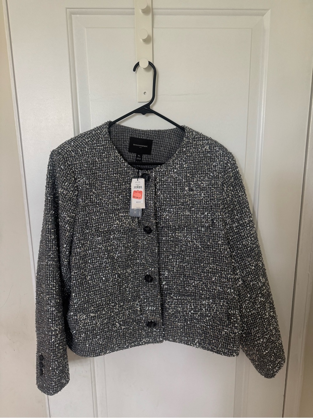 Banana Republic Black & Gray Tweed Collarless Button Jacket